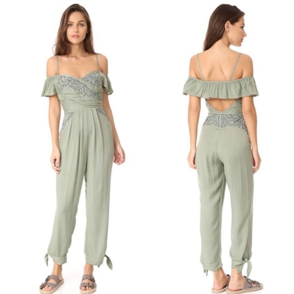 Free People Jumpsuit In the‎ Moment 0 Sage Green Floral Embroidered Boho Indie
